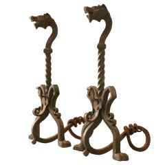 Circa 1890 Pair of French Hand-Forged Iron Dragon-Form Andirons