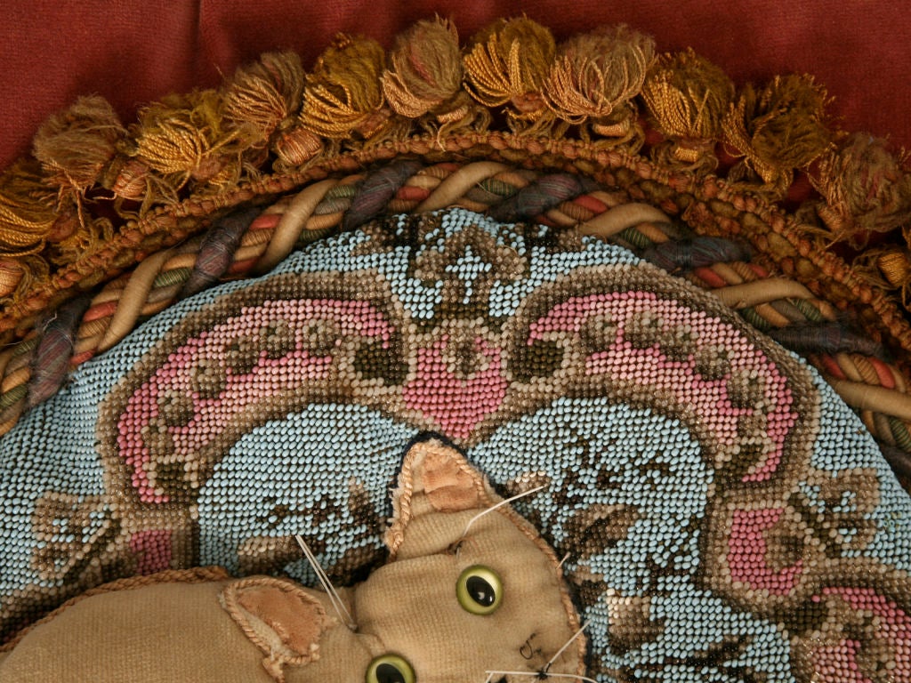 19th Century Circa 1880 Antique English Folk Art Hand-Beaded Kitty-Cat Pillow