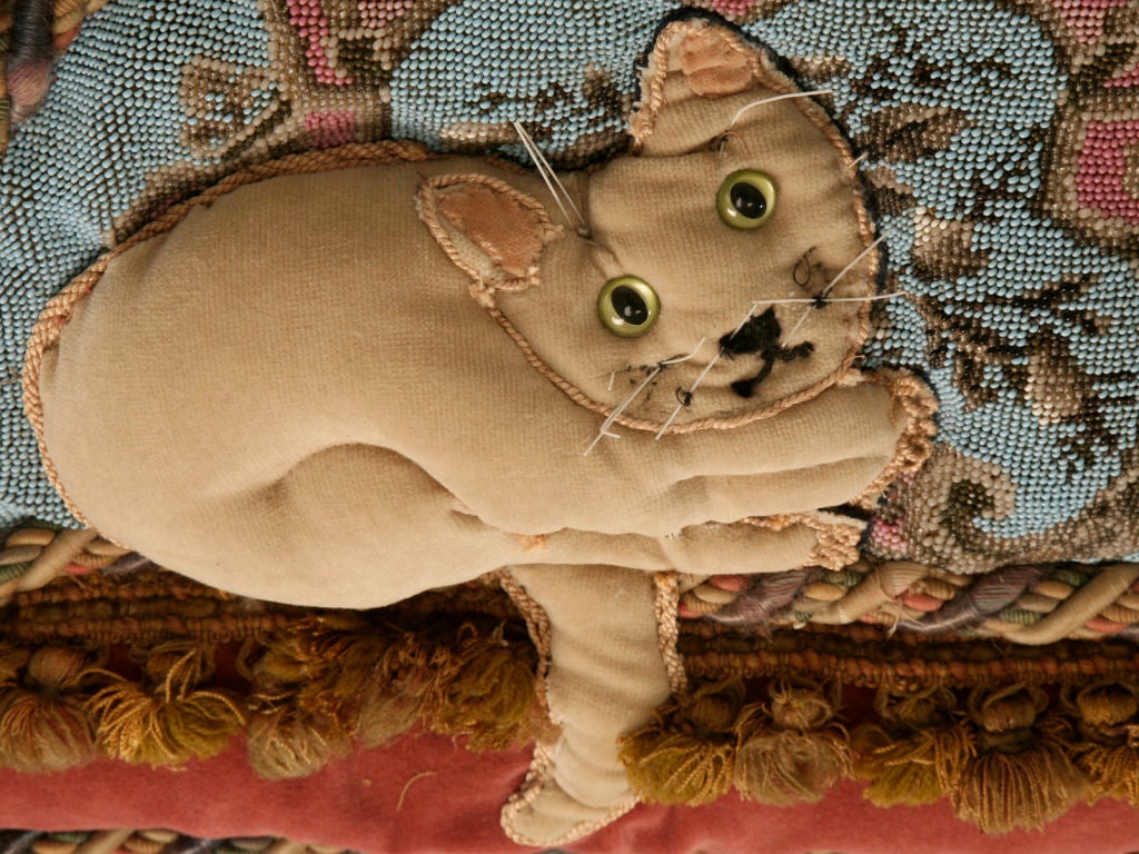 Velvet Circa 1880 Antique English Folk Art Hand-Beaded Kitty-Cat Pillow