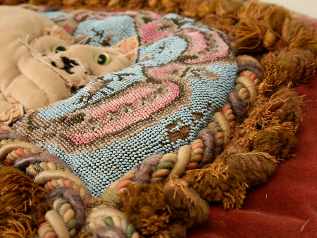 Circa 1880 Antique English Folk Art Hand-Beaded Kitty-Cat Pillow 2