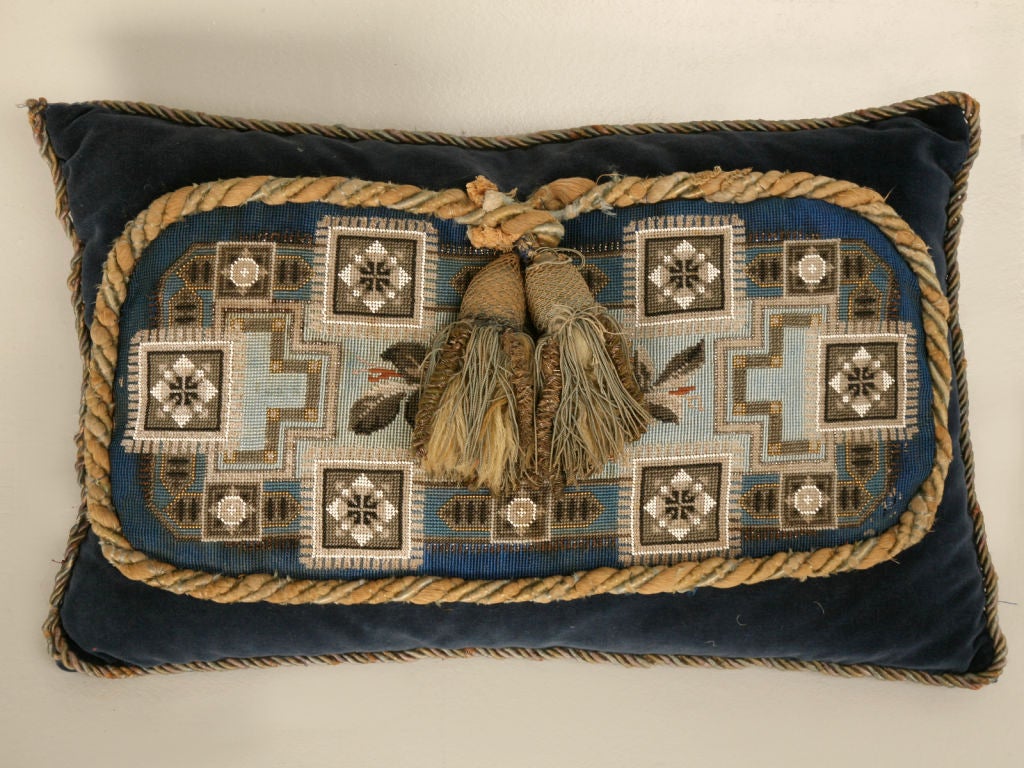 Antique English Victorian beadwork attached to oblong pillow with two fabulous tassels.