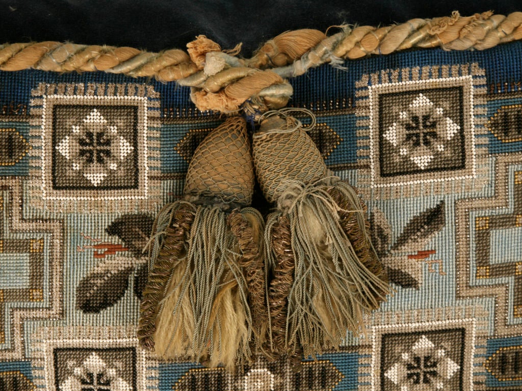 19th Century Circa 1880 Antique English Folk Art Hand-Beaded Pillow-Blue Shades