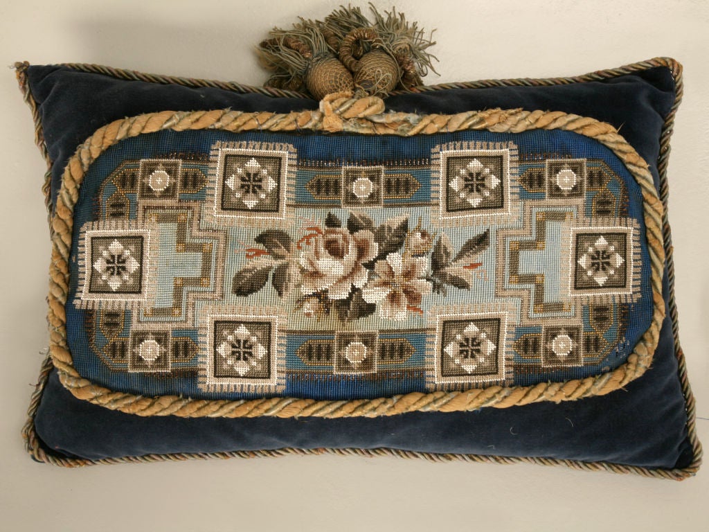 Velvet Circa 1880 Antique English Folk Art Hand-Beaded Pillow-Blue Shades