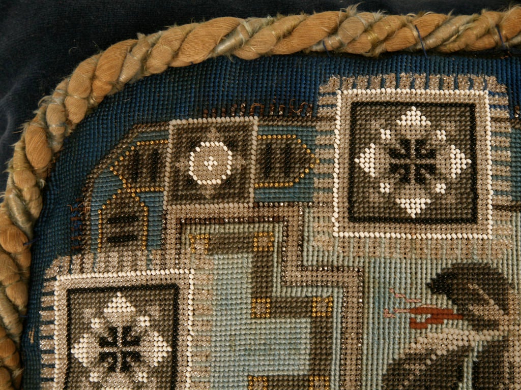 Circa 1880 Antique English Folk Art Hand-Beaded Pillow-Blue Shades 4