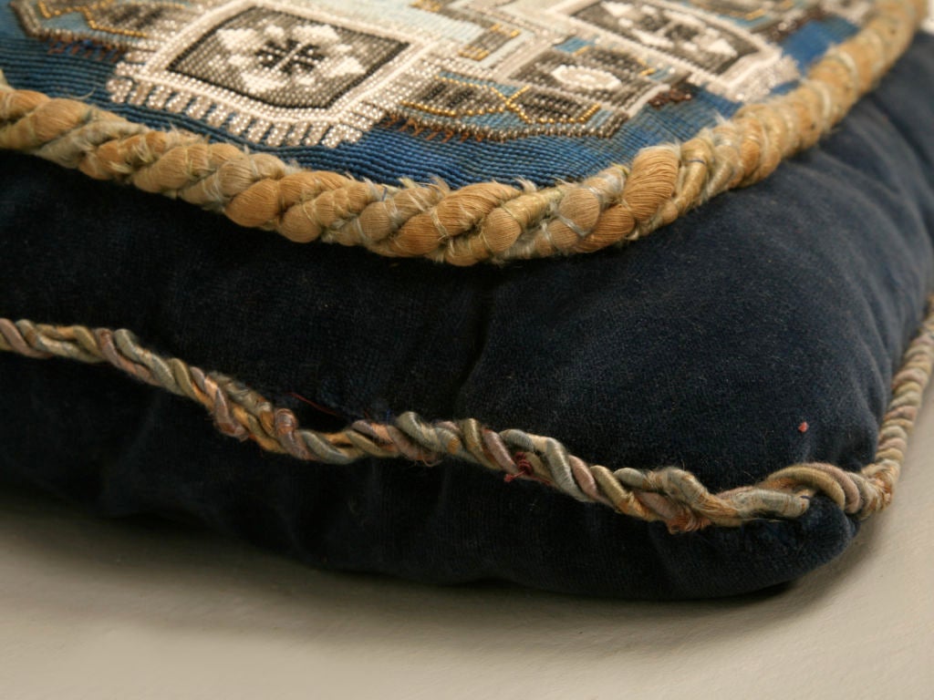Circa 1880 Antique English Folk Art Hand-Beaded Pillow-Blue Shades 5
