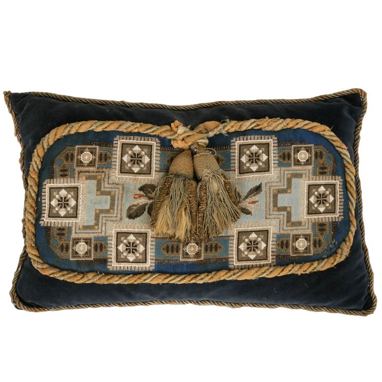 Circa 1880 Antique English Folk Art Hand-Beaded Pillow-Blue Shades