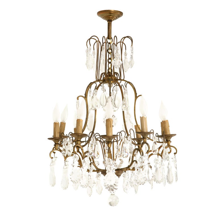 Circa 1930 French Bronze & Hand-Cut Crystal 10 Light Chandelier For Sale
