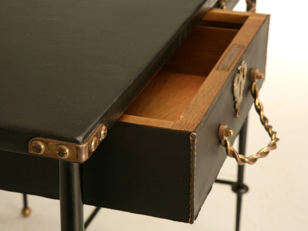 Vintage French Leather & Steel 2 Drawer Table by Jacques Adnet 3