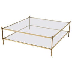 Classic Vintage French 55" Square Two Tier Brass & Glass Coffee Table w/Finials