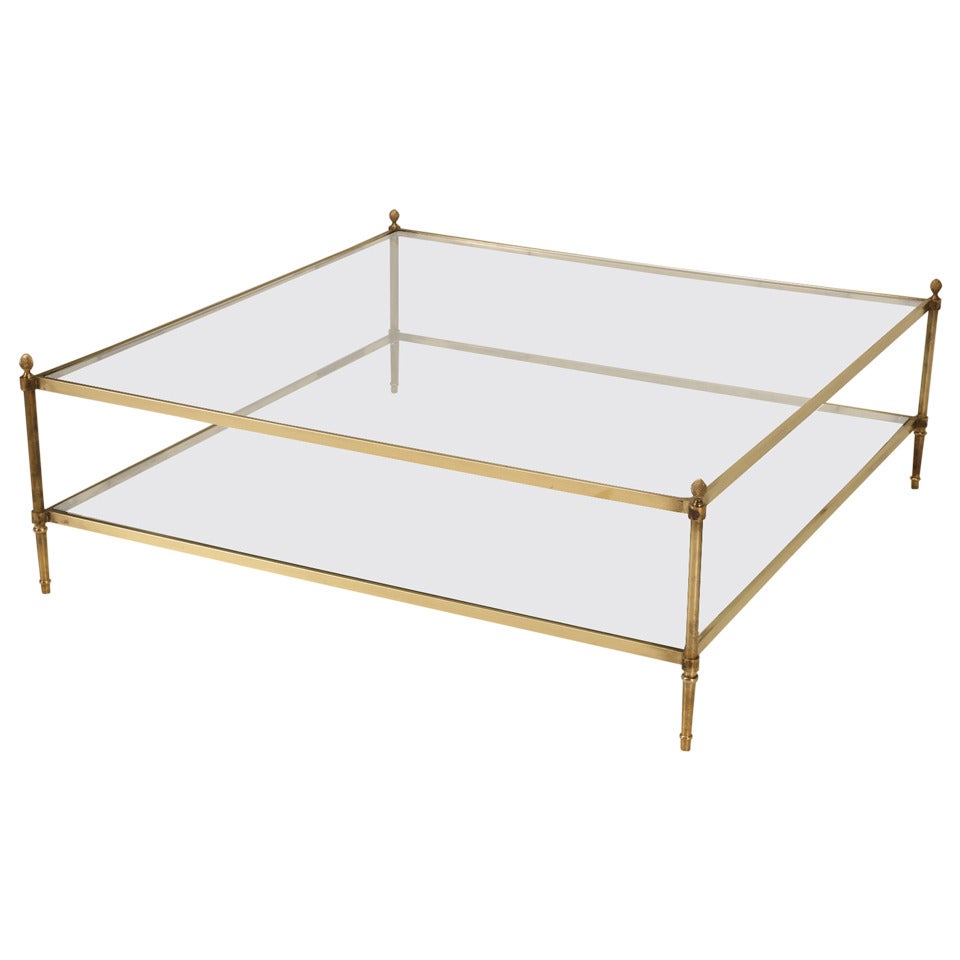Classic Vintage French 55" Square Two Tier Brass 
Glass Coffee Table w/Finials