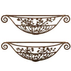 Pair Large Antique French Hand Forged Iron Window Planters/Console Tables