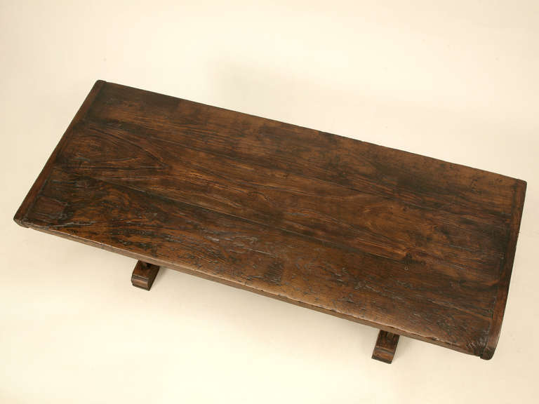 Circa 1840 French Chestnut Trestle Farm Table. Wonderful deep rich color that only chestnut can give you; along with the practicality of a trestle design makes this a wonderful breakfast, or small dining table. We restored the table structurally,