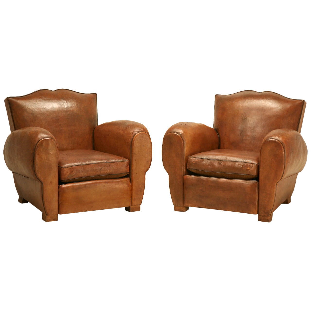French Art Deco Original Leather Club Chairs, circa 1930s