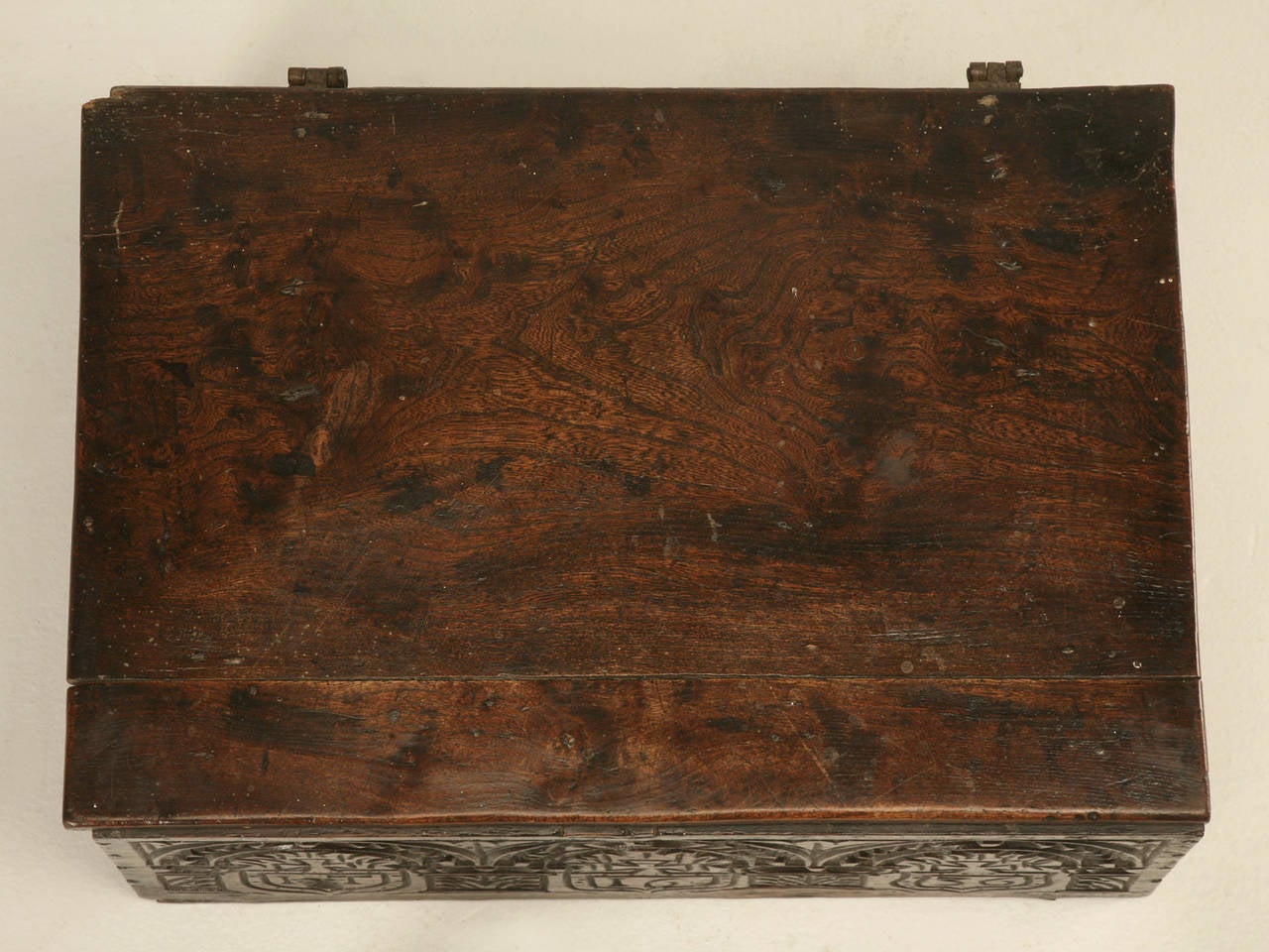 We haven't had an old carved coffer (box) this nice in over a decade. Originally owned by an executive of the Ford Motor Company, who worked in England and later retired to the south of France. Most of his collection was 17th century English and we