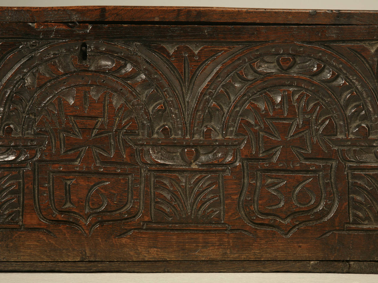 18th Century and Earlier English Carved Oak Box from the 1600s