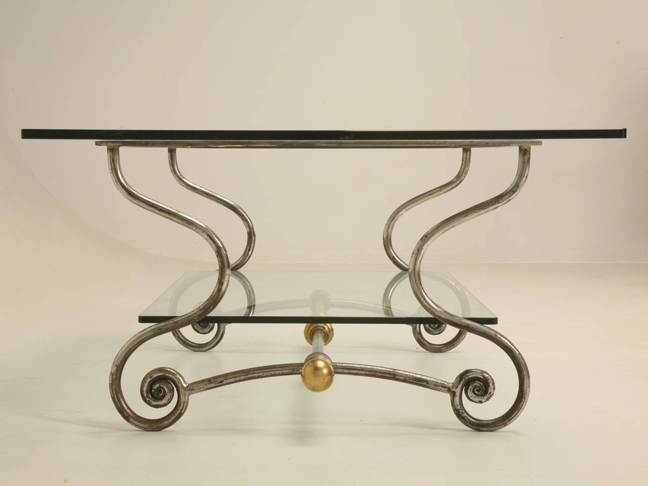 French Glass, Steel and Brass Two-Tier Coffee Table Mid-Century Modern, c1960's In Good Condition For Sale In Chicago, IL