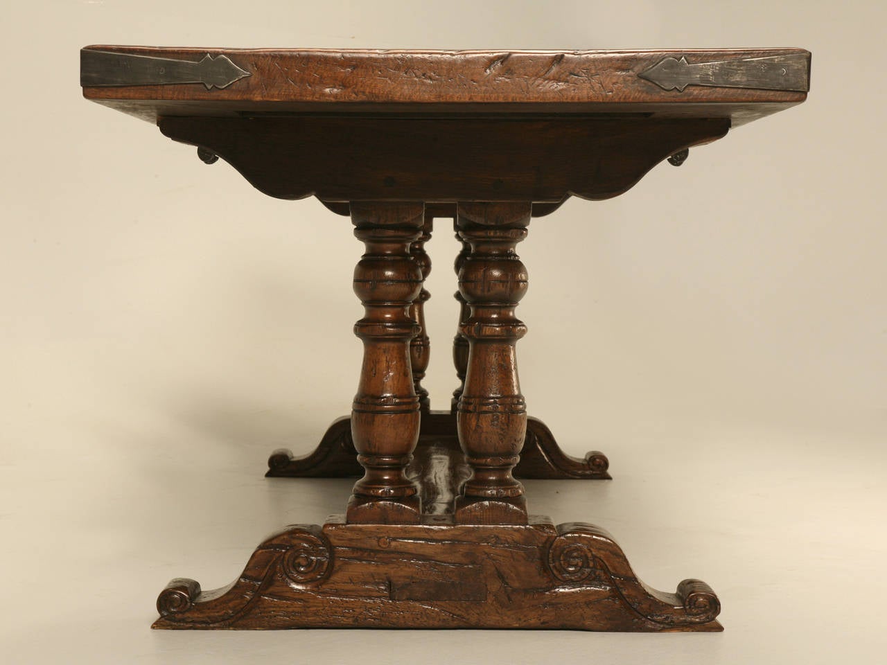 Mid-20th Century French White Oak Trestle Dining Table with Steel Edges