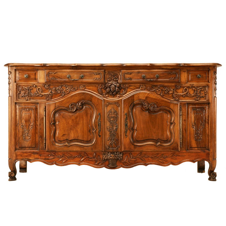 19th C. Antique French Rococo Heavily Hand-Carved Walnut Buffet