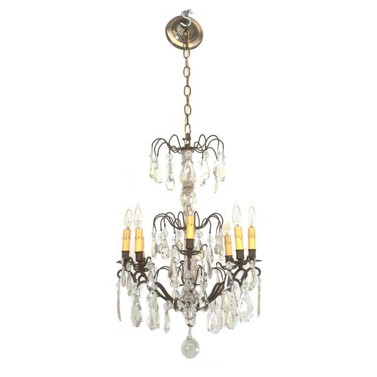 Vintage French Crystal and Bronze 8 Light Chandelier