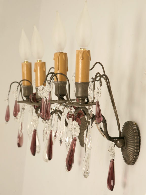 Pair of Vintage French Pewter & Crystal  2 Light Sconces