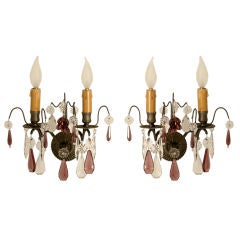 Pair of Vintage French Pewter & Crystal  2 Light Sconces