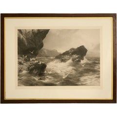 Signed Original 19th Century Lithograph of Waves Crashing-Framed