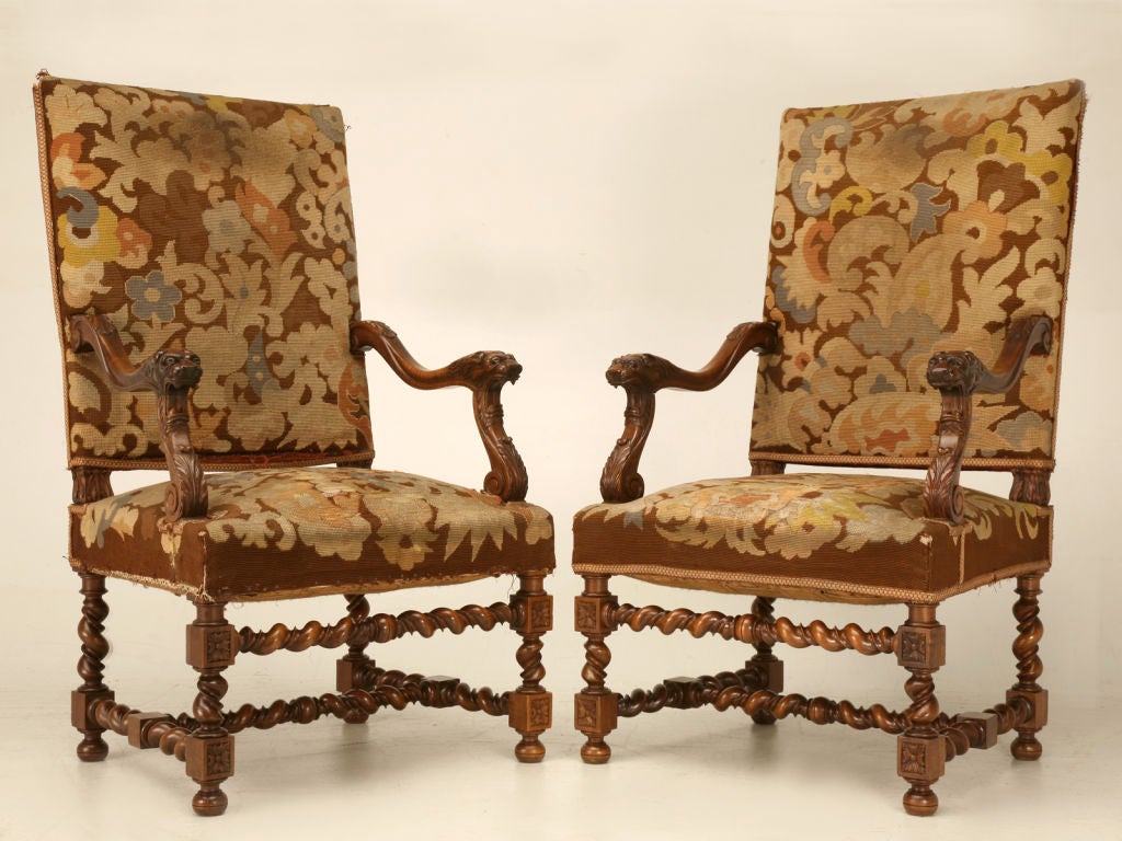 Pair of Heavily Carved Antique French Walnut Throne Chairs