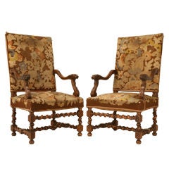 Pair of Heavily Carved Antique French Walnut Throne Chairs