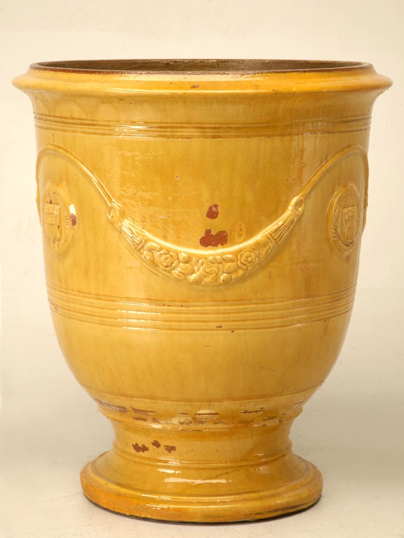 Outrageous very large French Anduze pot decorated with a sunny yellow glaze, swags and medallions, too. This pot is incredible! Substantial and stable, it may easily accommodate a small tree. Palatial sized pots such as this one are not very common,