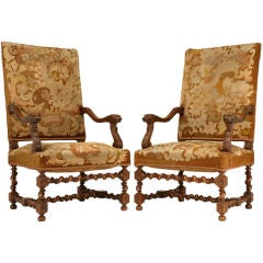 Pair of Heavily Carved Antique French Walnut Throne Chairs