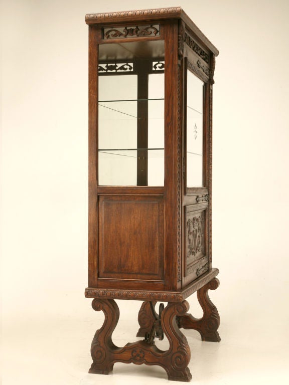 Vintage Petite Spanish Oak Heavily Carved Vitrine/China Cabinet