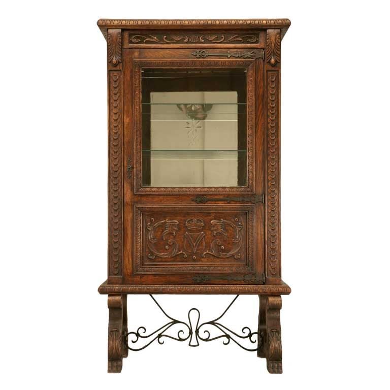 Vintage Petite Spanish Oak Heavily Carved Vitrine/China at 1stDibs