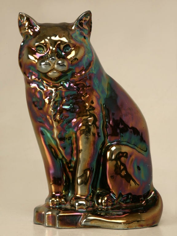 Wonderful Vintage English iron lustre-ware glazed cat cleverly concealing a set of fire box tools. English fire boxes are much smaller than American fireplaces making these tools perfect for other uses around ones home. An interesting and unique