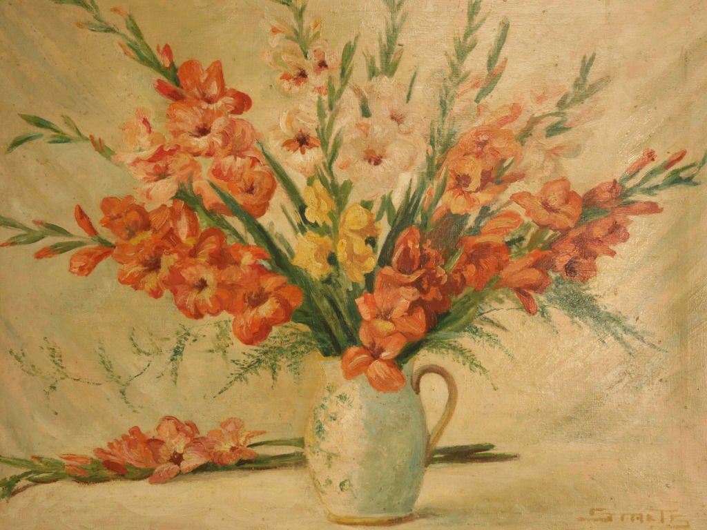 Calming vintage French still life painting featuring gladiolas stemming from a pitcher. Well executed this painting utilizes pinks, corals and salmons as well as soft blues, greens and yellows, too.