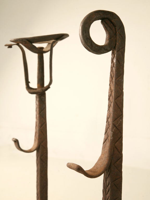 Country Pair of Rustic 18th Century French Hand-Wrought Iron Andirons For Sale