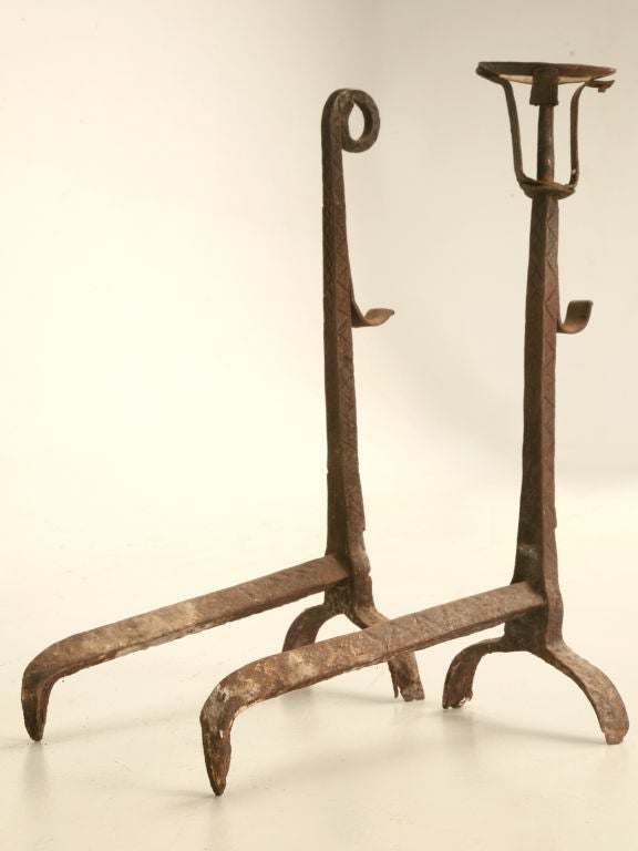 Mid-18th Century Pair of Rustic 18th Century French Hand-Wrought Iron Andirons For Sale