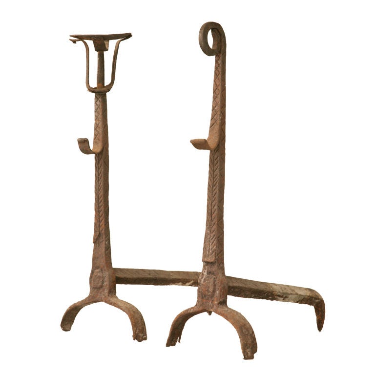 Pair of Rustic 18th Century French Hand-Wrought Iron Andirons For Sale