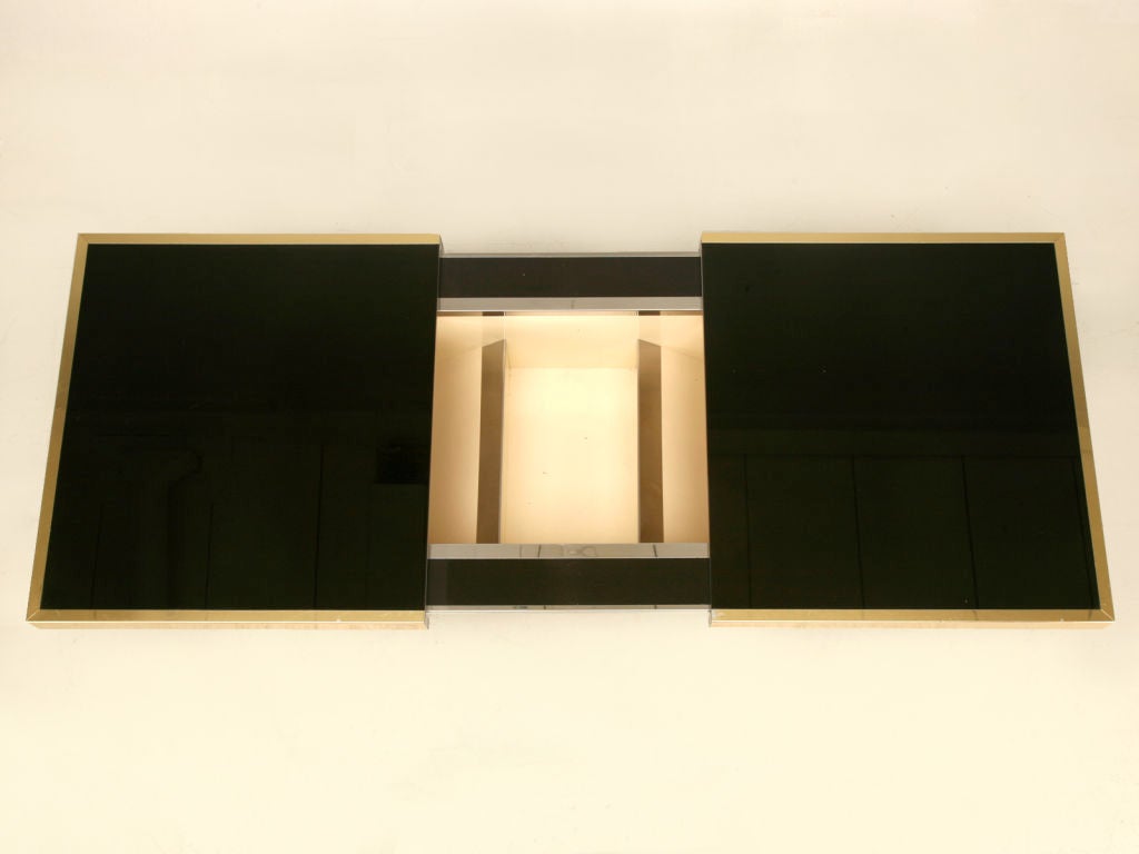 Vintage French Modern Black & Brass Hidden Bar Coffee Table In Good Condition In Chicago, IL