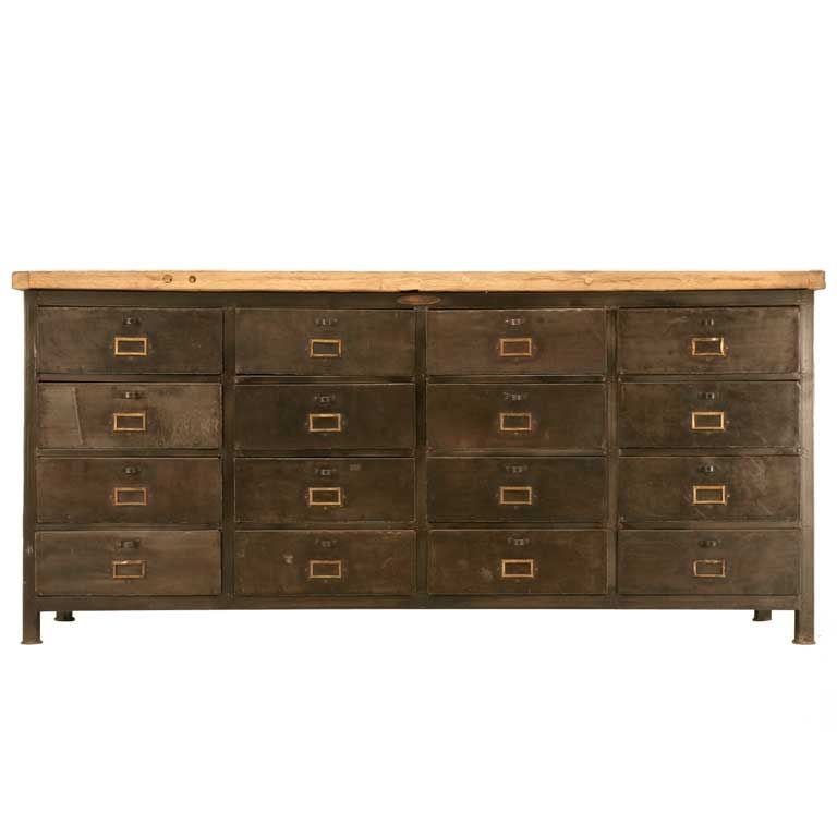 Vintage French Industrial Steel 16 Drawer Buffet or Credenza