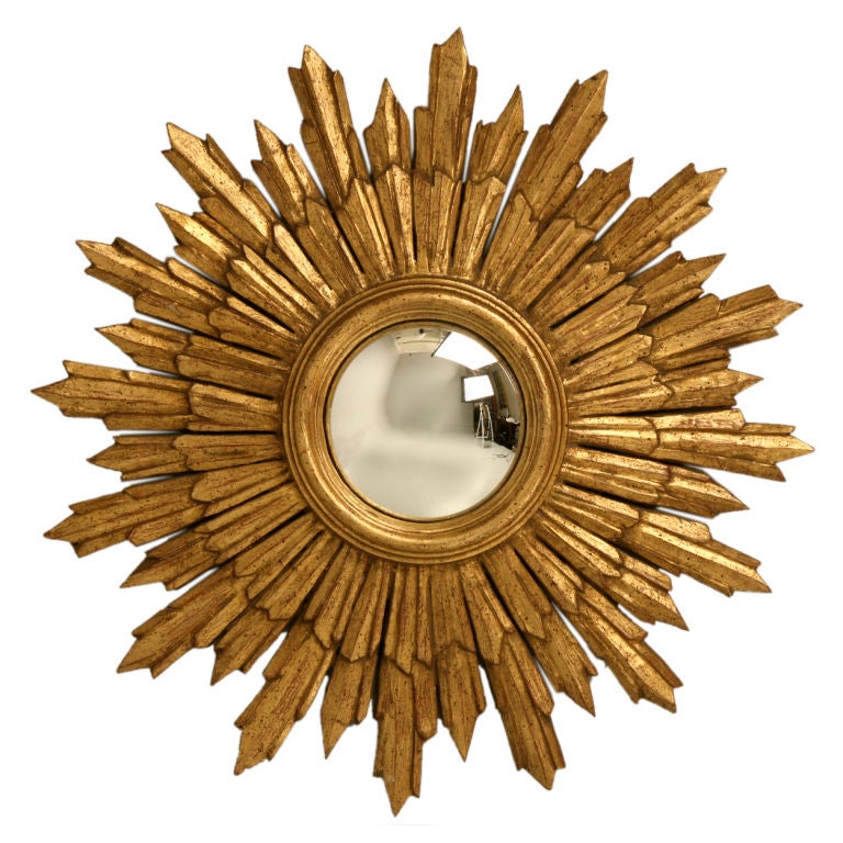 c.1940 Italian Carved & Gilded Sunburst Convex Mirror