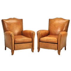 Vintage Pair of Conserved Original French 1940s Leather Moustache-Back Club Chairs