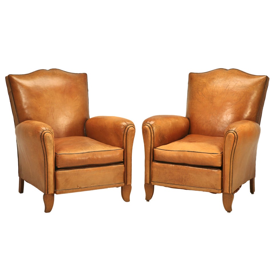 Pair of Conserved Original French 1940s Leather Moustache-Back Club Chairs