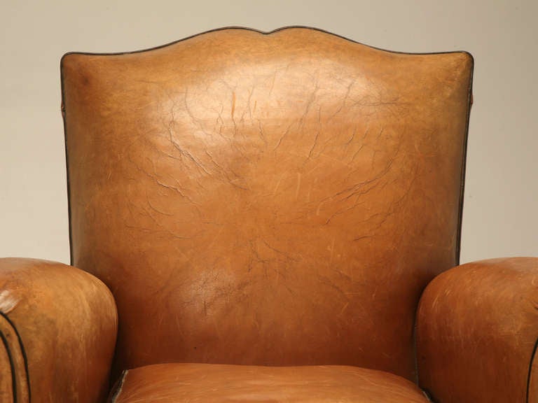 Pair of Conserved Original French 1940s Leather Moustache-Back Club Chairs In Good Condition In Chicago, IL