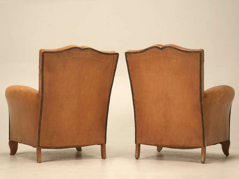 Pair of Conserved Original French 1940s Leather Moustache-Back Club Chairs 6