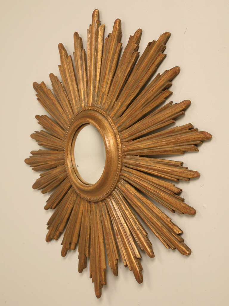 Circa 1960’s to 1970’s Giltwood Sunburst Mirror. Although we purchased this in the south of France, many of them were actually made in Spain and Italy, and I am clearly not smart enough to know how to tell the difference, but a good hypothesis would