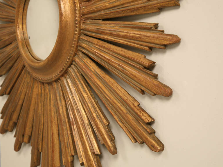 Wood Vintage Giltwood Sunburst Mirror with Convex Glass