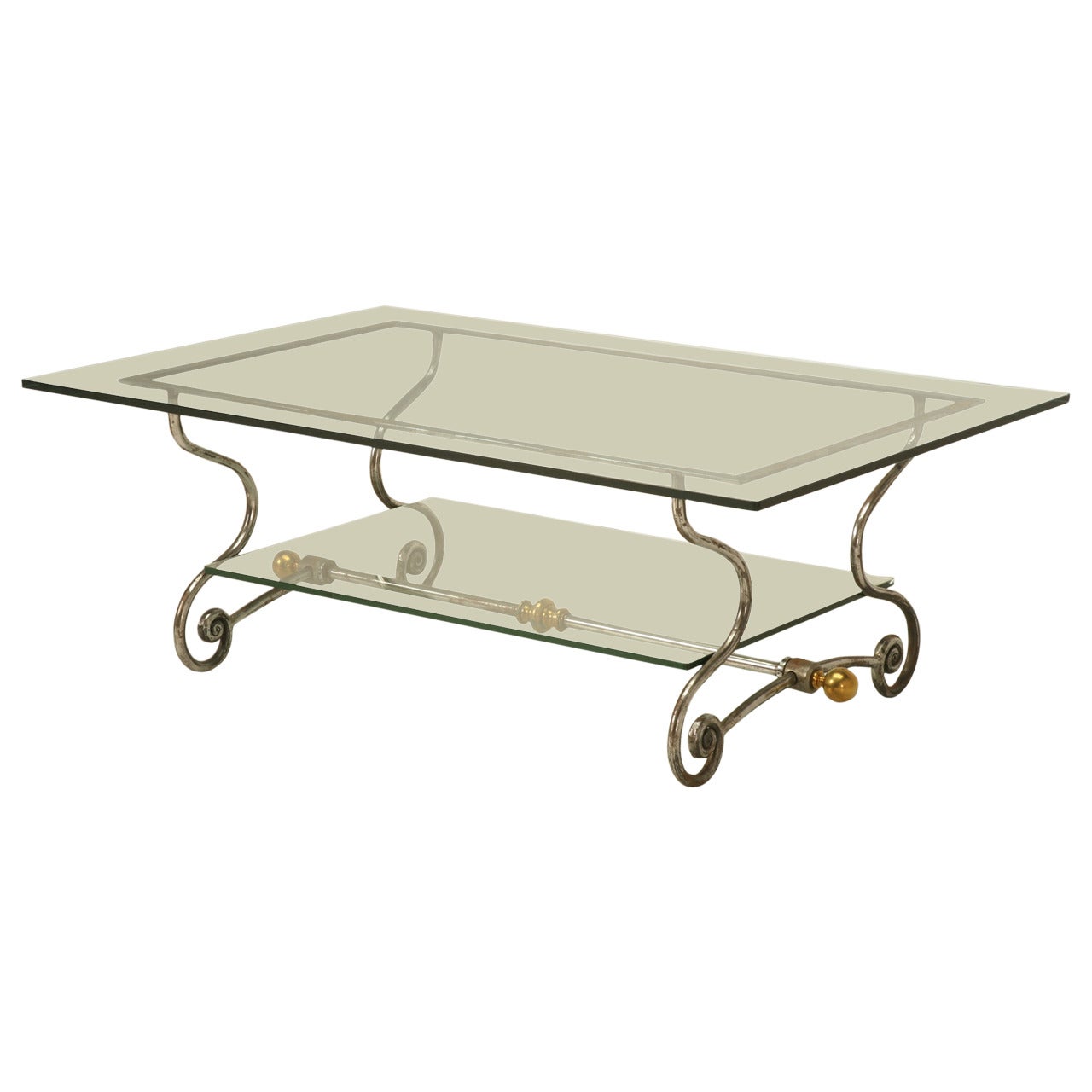 French Glass, Steel and Brass Two-Tier Coffee Table Mid-Century Modern, c1960's For Sale