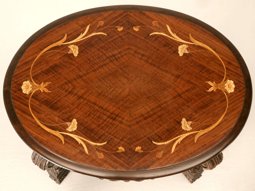 Petite French Heavily Carved Oval Coffee/Tea Table w/Marquetry