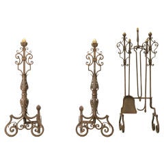 Spectacular Large Hand-Wrought Iron Andirons & Fire Tools Set