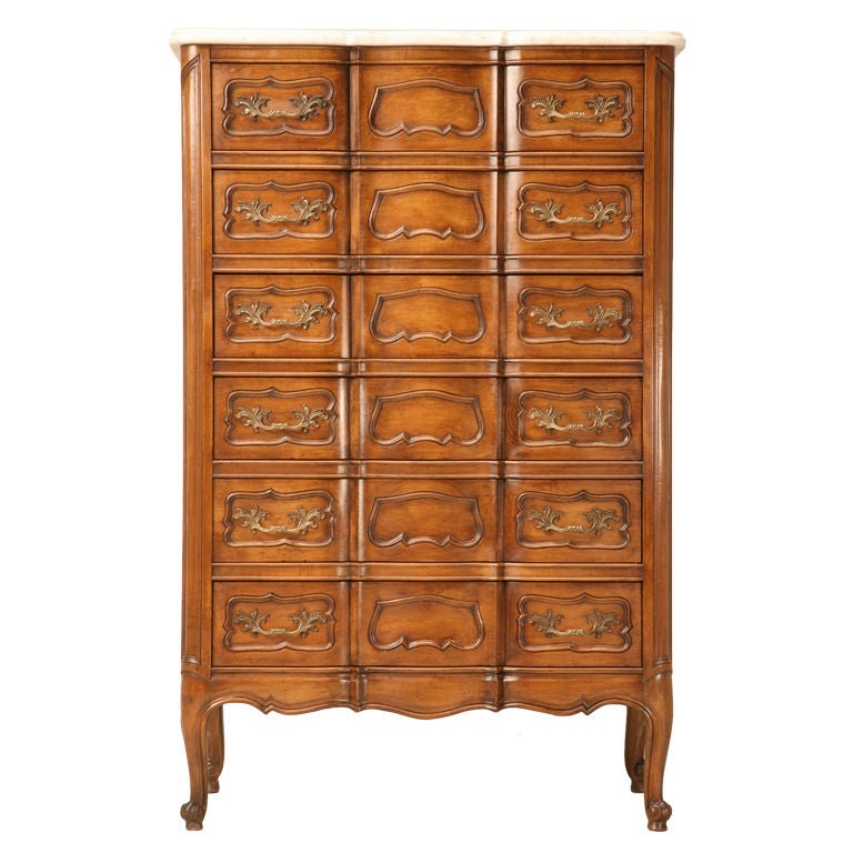 Vintage French Louis XV Style 6 Drawer Highboy w/Marble Top